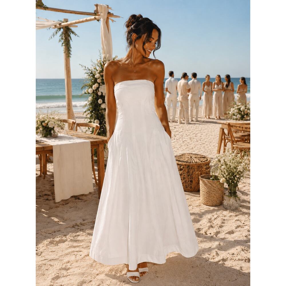 Eva Mendes Strapless White Midi Dress Size 14 Bridal Bride Party Pockets